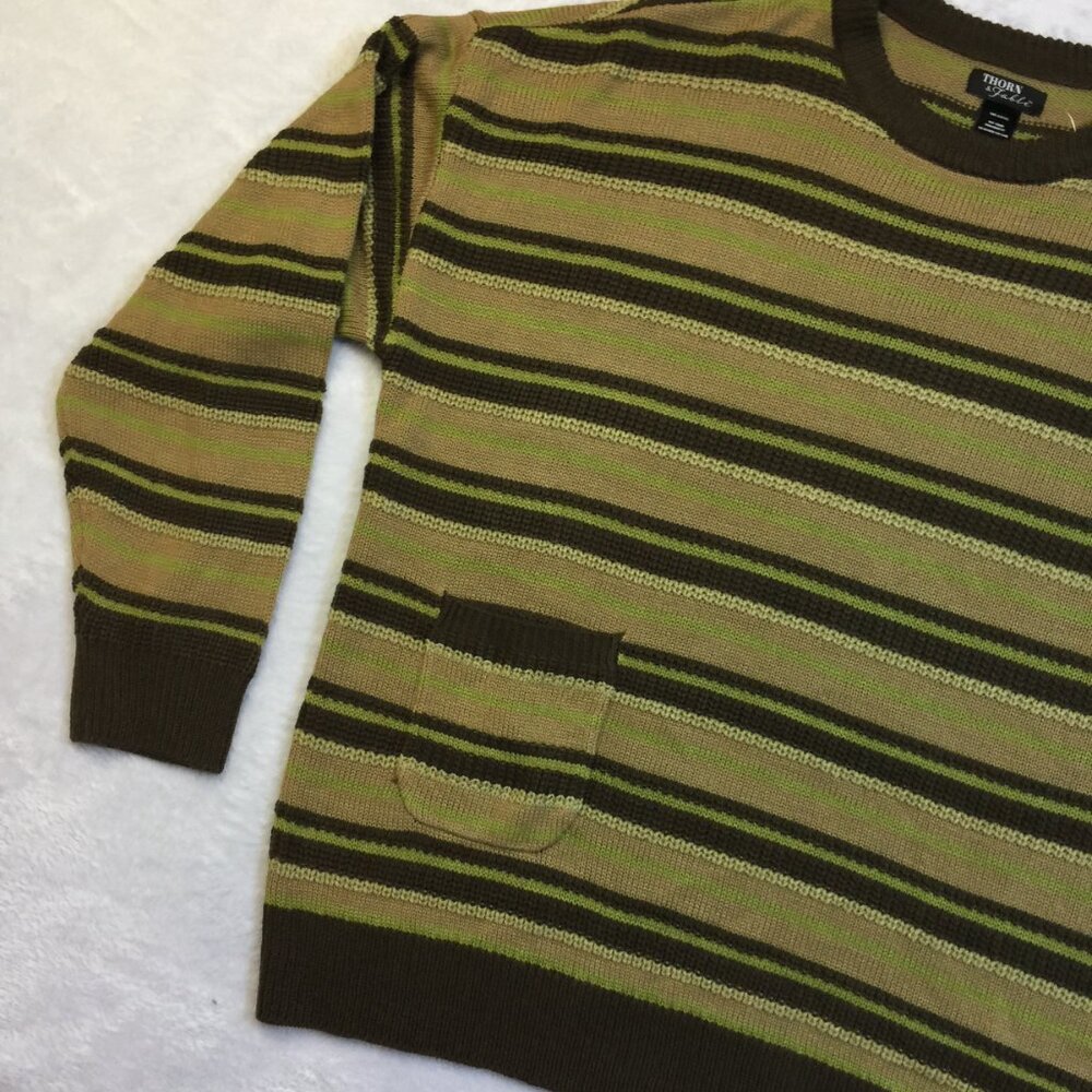 New! Thorn & Fable Sweater M Men’s Green Brown Striped Pocket Long Sleeve - Picture 12 of 16